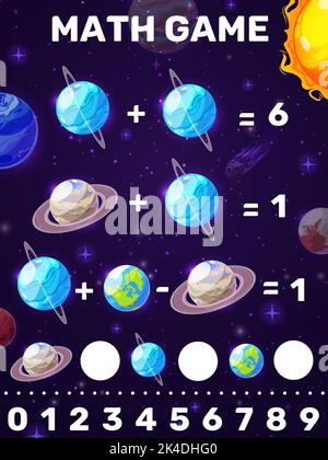 Arbeitsblatt für mathematische Spiele. Cartoon Galaxie Weltraum Planeten und Sterne. Kinder Lernpuzzle mit Addition und Subtraktion Aufgaben, Kinder Rätsel oder Mathematik Vektor Quiz mit Sonnensystem Erde und Saturn Planeten Stock Vektor
