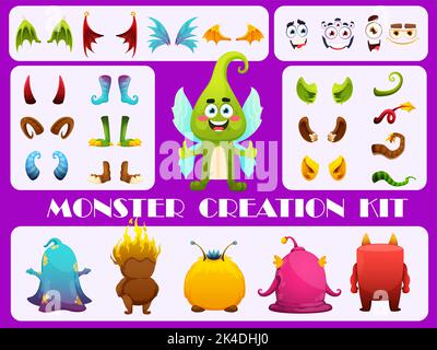 Monster Creation Kit. Cartoon Monster Charakter Konstruktor. Vektor-Bau-Set aus Fantasy-Elf oder Kobold Persönlichkeit. Lustige Kreatur Gesicht, Schwanz, Horn, Ohr, Flügel, Beine und Körper von niedlichen Alien Stock Vektor