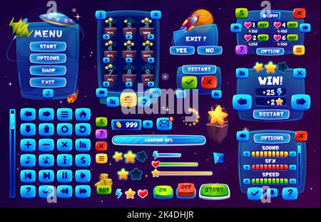 Galaxy Raum Spiel Schnittstelle. UI-Spielschaltflächen, gui-Elemente-Spielelement. Vektor-Benutzersymbole, Sterne und Raketen, Raumfahrzeuge. Dashboard-Hauptmenü, Optionen, Fortschrittsbalken, Skalen, Tasten und Anzeigen Stock Vektor