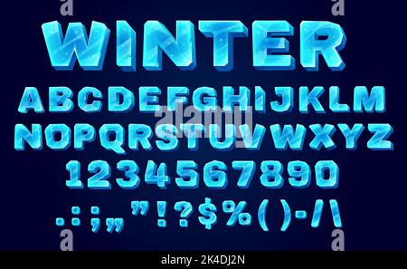 Ice Crystal Font, Typeface, type Alphabet. Cartoon-Vektor abc Buchstaben, blaue Großbuchstaben, Ziffern und Zeichen. Winter Frozen englisch oder latein Schrift, isoliert Schriftsatz, Eis-Typ Stock Vektor