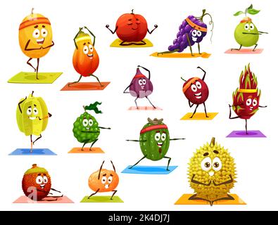 Cartoon isolierte Fruchtfiguren auf Yoga, Pilates Fitness-Sport. Melone, Mango und Traube, Guave, Karambola und Bergamotte, Orange, Kiwi und Litschi, Orange, Durian und Pitaya machen Übungen auf Yogamatte Stock Vektor