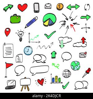 Bunte Business Icon Set Illustration Vektor Hand gezeichnet isoliert auf weißem Hintergrund Stock Vektor
