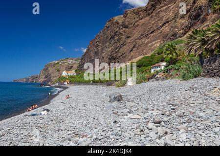 Natur- und Kiesstrand Fajã dos Padres, Madeira, Portugal, Europa Stockfoto