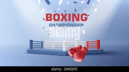 Boxring, Arena für Sportkämpfe 3D Illustration mit Spotlights und Konfetti, Boxhandschuhe, Siegerfeier, blaue und rote Farben Stock Vektor