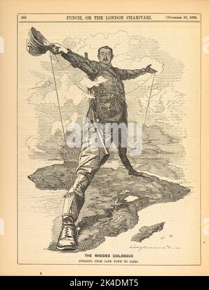 The Rhodes Colossus, vom englischen Karikaturisten Edward Linley Sambourne (1844-1910), veröffentlicht im Punch Magazin im Jahr 1892. Stockfoto