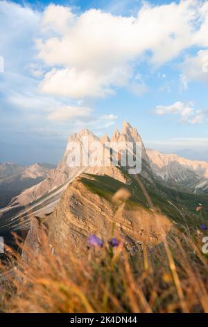 Atemberaubender Blick auf den Seceda-Grat an einem bewölkten Tag. Die Seceda ist mit ihren 2,500 Metern der höchste Aussichtspunkt in Gröden, Dolomiten, Italien. Stockfoto