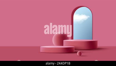 Produktsockel, Zylinder 3D Podium mit Bogenfenster und Himmel, rosa Innenraum, Darstellung rendern Stock Vektor
