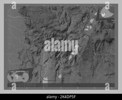 Südliche Nationen Nationalitäten und Völker, Staat Äthiopien. Höhenkarte in Graustufen mit Seen und Flüssen. Karten für zusätzliche Eckposition Stockfoto