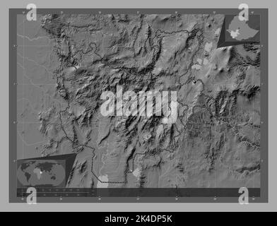 Südliche Nationen Nationalitäten und Völker, Staat Äthiopien. Bilevel-Höhenkarte mit Seen und Flüssen. Karten für zusätzliche Eckposition Stockfoto