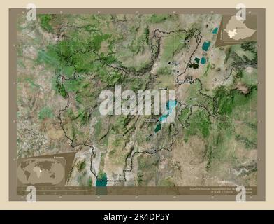 Südliche Nationen Nationalitäten und Völker, Staat Äthiopien. Hochauflösende Satellitenkarte. Orte und Namen der wichtigsten Städte der Region. Mais Stockfoto