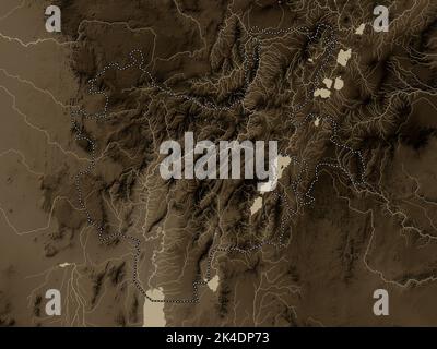 Südliche Nationen Nationalitäten und Völker, Staat Äthiopien. Höhenkarte in Sepia-Tönen mit Seen und Flüssen Stockfoto