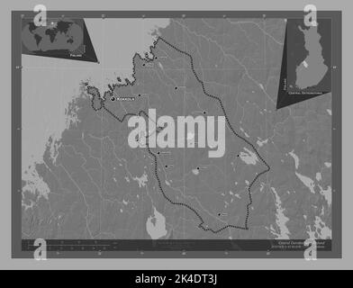 Zentral-Ostobothnien, Region von Finnland. Bilevel-Höhenkarte mit Seen und Flüssen. Orte und Namen der wichtigsten Städte der Region. Ecke auxili Stockfoto