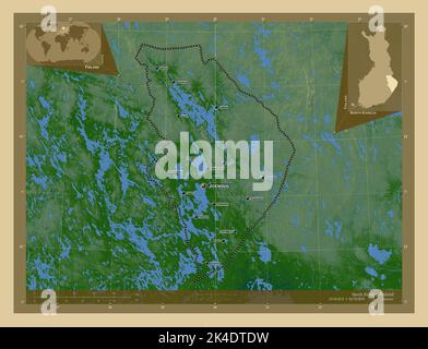 Nordkarelien, Region von Finnland. Farbige Höhenkarte mit Seen und Flüssen. Orte und Namen der wichtigsten Städte der Region. Ecke Zusatzloc Stockfoto