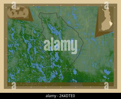 Nordkarelien, Region von Finnland. Farbige Höhenkarte mit Seen und Flüssen. Karten für zusätzliche Eckposition Stockfoto