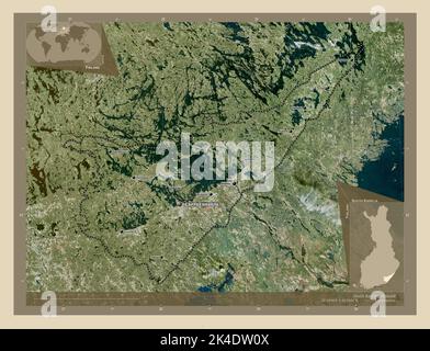 Südkarelien, Region von Finnland. Hochauflösende Satellitenkarte. Orte und Namen der wichtigsten Städte der Region. Karten für zusätzliche Eckposition Stockfoto