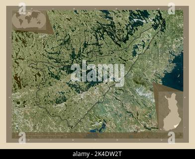 Südkarelien, Region von Finnland. Hochauflösende Satellitenkarte. Standorte der wichtigsten Städte der Region. Karten für zusätzliche Eckposition Stockfoto