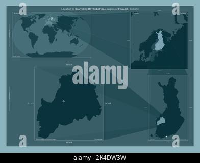 Südliches Ostrobothnien, Region Finnlands. Diagramm, das die Position der Region auf größeren Karten zeigt. Komposition von Vektorrahmen und PNG-Formen Stockfoto