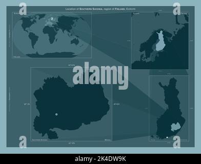 Südsavonien, Region von Finnland. Diagramm, das die Position der Region auf größeren Karten zeigt. Komposition von Vektorrahmen und PNG-Formen auf einem Stockfoto