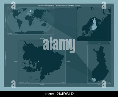 Südwest-Finnland, Region von Finnland. Diagramm, das die Position der Region auf größeren Karten zeigt. Komposition von Vektorrahmen und PNG-Formen auf Stockfoto