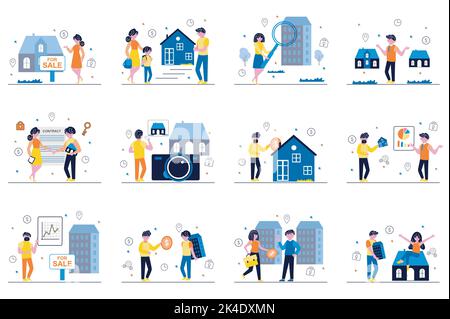 Immobilienkonzept mit winzigen Personenszenen in flachem Design. Ein Paket von Männern und Frauen, die Wohnungen und Wohnungen suchen und kaufen, verkaufen Immobilienmakler Stock Vektor