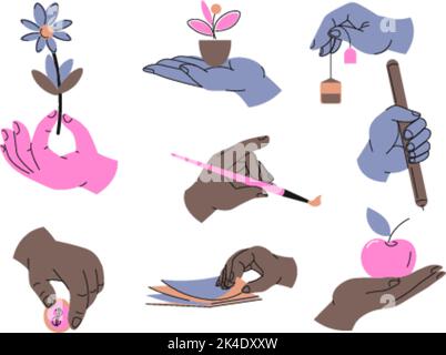 Hand hält Blume und Apfel, Geld und Bleistift Stock Vektor