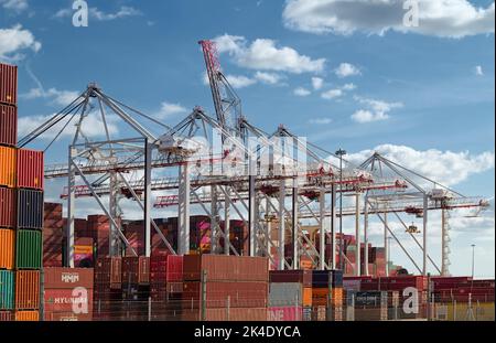 Hochkrane und gestapelte Transportbehälter auf der Hafenseite an den Southampton Docks, Großbritannien Stockfoto