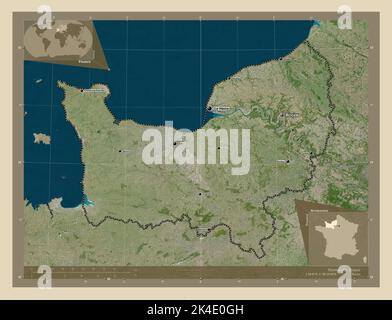 Normandie, Region Frankreich. Hochauflösende Satellitenkarte. Orte und Namen der wichtigsten Städte der Region. Karten für zusätzliche Eckposition Stockfoto