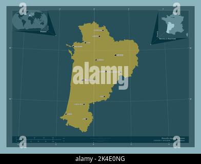 Nouvelle-Aquitaine, Region Frankreich. Einfarbige Form. Orte und Namen der wichtigsten Städte der Region. Karten für zusätzliche Eckposition Stockfoto