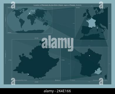 Provence-Alpes-Cote d'Azur, Region Frankreich. Diagramm, das die Position der Region auf größeren Karten zeigt. Zusammensetzung von Vektorrahmen und PNG sh Stockfoto