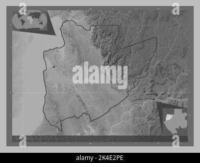 Estuaire, Provinz Gabun. Höhenkarte in Graustufen mit Seen und Flüssen. Standorte der wichtigsten Städte der Region. Karten für zusätzliche Eckposition Stockfoto