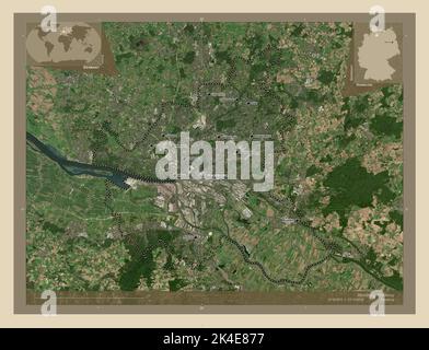 Hamburg, Bundesland Deutschland. Hochauflösende Satellitenkarte. Orte und Namen der wichtigsten Städte der Region. Karten für zusätzliche Eckposition Stockfoto