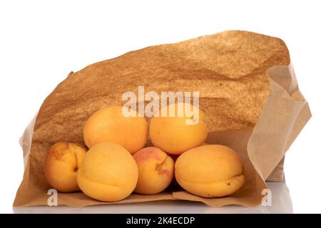 Mehrere reife Ananas-Aprikosen in einem Papierbeutel, Nahaufnahme, isoliert auf Weiß. Stockfoto