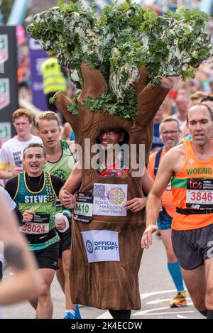 Tower Hill, London, Großbritannien. 2. Oktober 2022. Rund 50.000 Teilnehmer nehmen am TCS London Marathon 2022 Teil, darunter die besten Elite-Läufer der Welt. Athleten wie die Olympiasiegerin Kenenisa Bekele, die 2021-Mann-Siegerin Äthiopierin Sisay Lemma und die Frauensiegerin Kenianerin Joyciline Jepkosgei dürften an der Spitze stehen. Auch Rollstuhlfahrer David Weir wird auf einen Spitzenplatz hoffen. Die Masse der Club & Fun Läufer folgen mit vielen sammeln große Summen für wohltätige Zwecke & oft laufen in ausgefallenen Kleid. 30410 Rob Duncombe läuft im offiziellen Rekordversuch in einem Baumkostüm Stockfoto