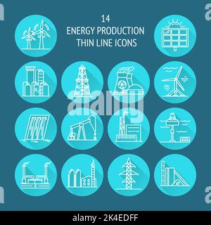 Sammlung von Energie und Ökologie runden Ikonen in dünne Linie Stil. Erneuerbare Energiequellen, Industrieobjekte in linearen Symbolen mit langem Schatten. Stock Vektor