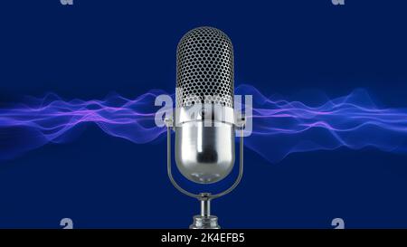 Mikrofon und Schallwelle auf das Universum der Daten innerhalb der virtuellen Realität auf abstraktem Hintergrund. Mikrofon, Podcast, Live, Streaming-Konzept. 3D Rend Stockfoto