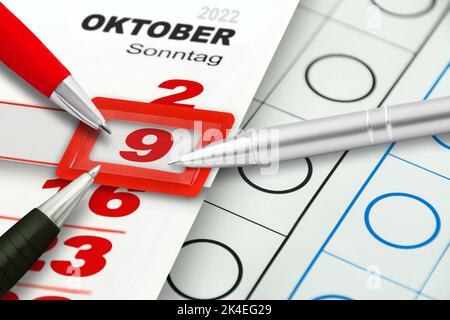 Deutscher Kalender 2022. Oktober 9 Sonntag mit Bleistiften rot schwarz Stockfoto