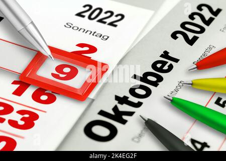 Deutscher Kalender 2022. Oktober 9 Sonntag mit Bleistiften Stockfoto