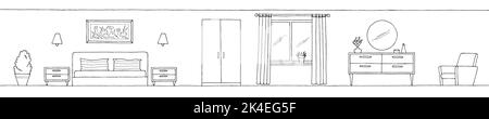 Schlafzimmer Grafik schwarz weiß Haus Interieur lange Skizze Illustration Vektor Stock Vektor