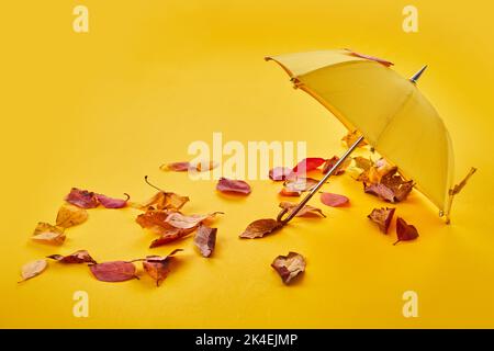 Gelber Regenschirm auf dem Boden durch die Luft und Herbstblätter. Stockfoto