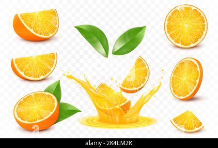 Frische Orangenfrüchte und Saftspritzer. 3D realistisches Vektor-Icon-Set, isoliert auf transparentem Hintergrund Stock Vektor