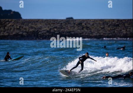 Bude, Großbritannien, 2.. Oktober 2022. Einheimische Surfer auf dem Wasser in Bude, Cornwall. Quelle: Steven Paston/Alamy Live News Stockfoto