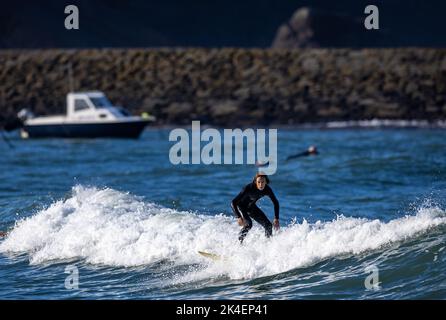 Bude, Großbritannien, 2.. Oktober 2022. Einheimische Surfer auf dem Wasser in Bude, Cornwall. Quelle: Steven Paston/Alamy Live News Stockfoto