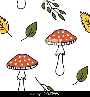 Niedliches Herbstpilzblatt-Muster. Doodle bunte Pilze und Blätter Herbst Hintergrund. Endloses, nahtloses Muster. Handgezeichnetes, gemütliches Vektorgrafiken Stock Vektor
