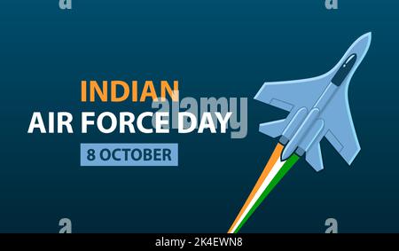 Banner-Design für die Feier zum Indian Air Force Day. Kampfjet mit Trail in Indianerflaggenfarben. Vektorgrafik. Stock Vektor