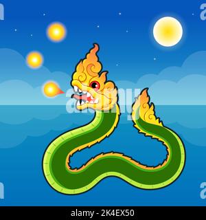 Naga Fireball Festival am Mekong Fluss in Thailand. Feuer atmende Naga-Schlange im modernen Cartoon-Stil. Vektorgrafik Clip Art Illustration. Stock Vektor