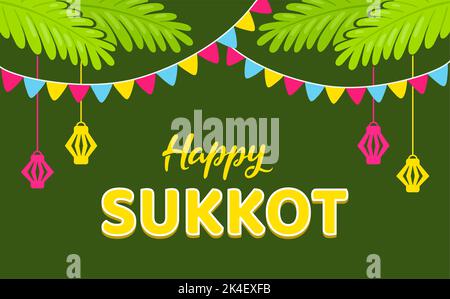 Happy Sukkot, jüdisches Feiertagsbanner. Sukkah-Dekorationen, Palmblätter, Fahnen und Papierlaternen. Flaches Cartoon-Design, Vektorgrafik. Stock Vektor