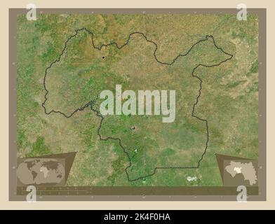 Mamou, Region Guinea. Hochauflösende Satellitenkarte. Standorte der wichtigsten Städte der Region. Karten für zusätzliche Eckposition Stockfoto