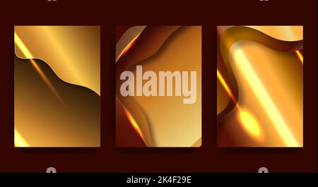 A4 abstrakter Satz goldener 3D-Blatt-Illustrationen. . Helle Farbverläufe. Vektor-Design-Layout für Präsentationsbanner, Flyer, Poster und Einladungen Stock Vektor