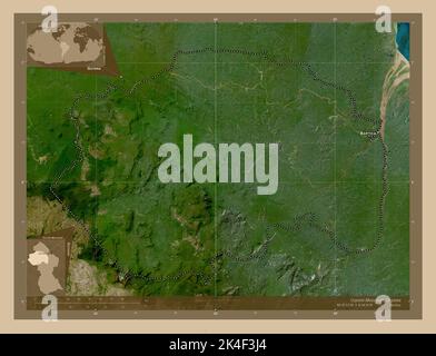 Cuyuni-Mazaruni, Region Guyana. Satellitenkarte mit niedriger Auflösung. Orte und Namen der wichtigsten Städte der Region. Karten für zusätzliche Eckposition Stockfoto