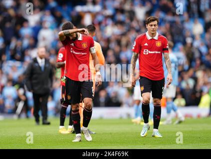 Bruno Fernandes von Manchester United reagiert nach dem Spiel in der Premier League im Etihad Stadium in Manchester. Bilddatum: Sonntag, 2. Oktober 2022. Stockfoto